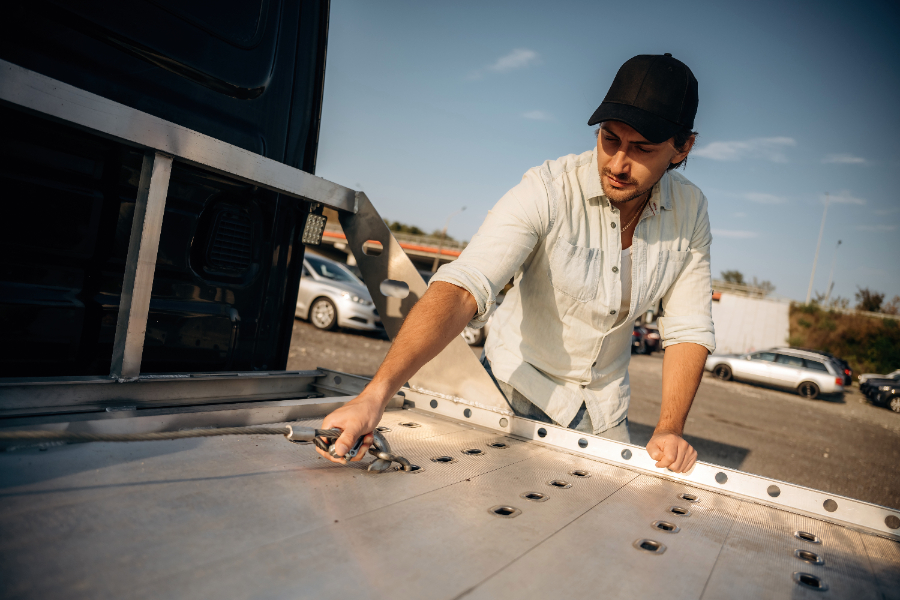 Un chauffeur construisant une rehausse pour remorque au-dessus de son camion