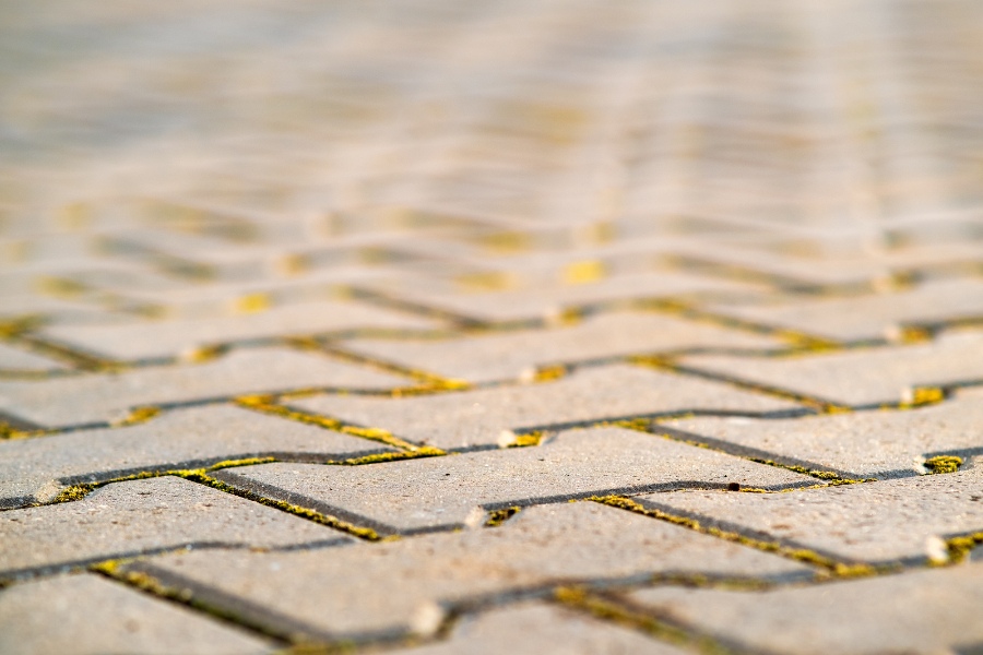 Un ouvrier applique le mélange chaux-ciment-sable entre des pavés pour stabiliser le sol