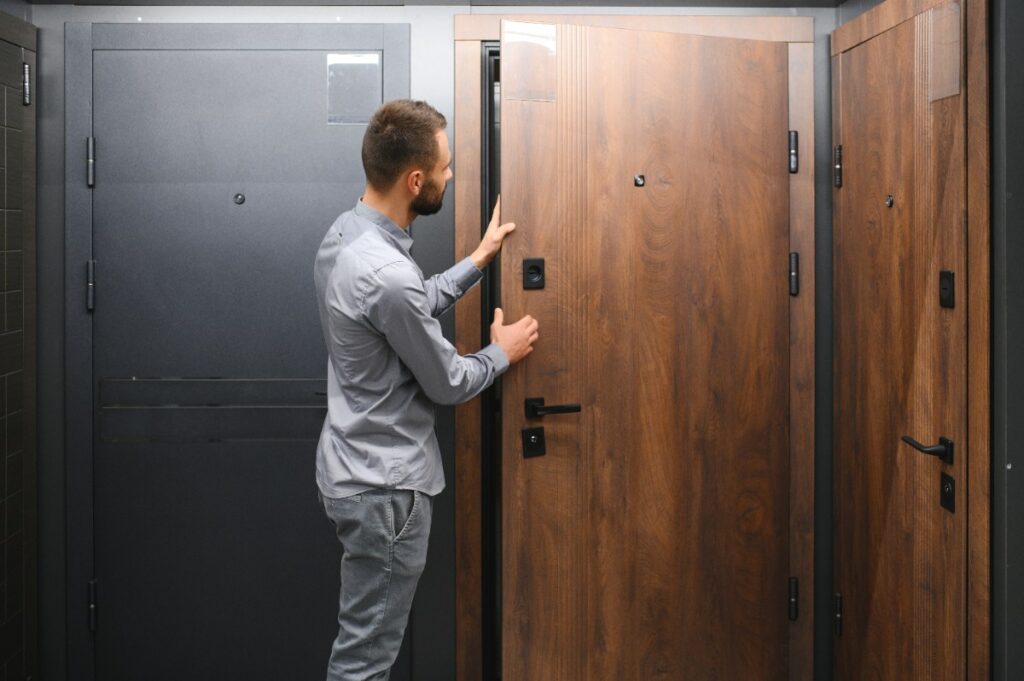 Un homme construisant une porte d'entrée métallique