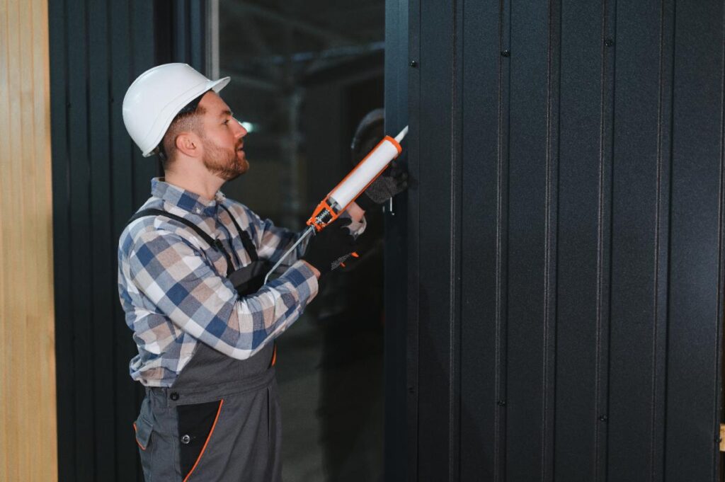 Un travailleur faisant isoler une porte en métal