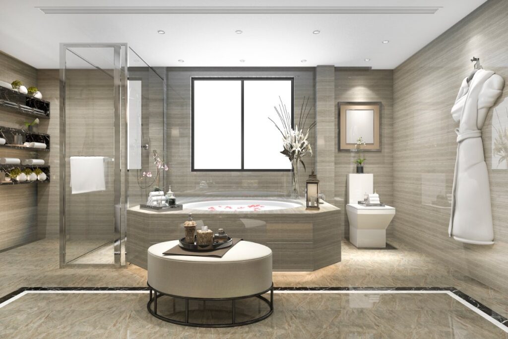 Une salle de bain élégante et moderne avec un baignoire