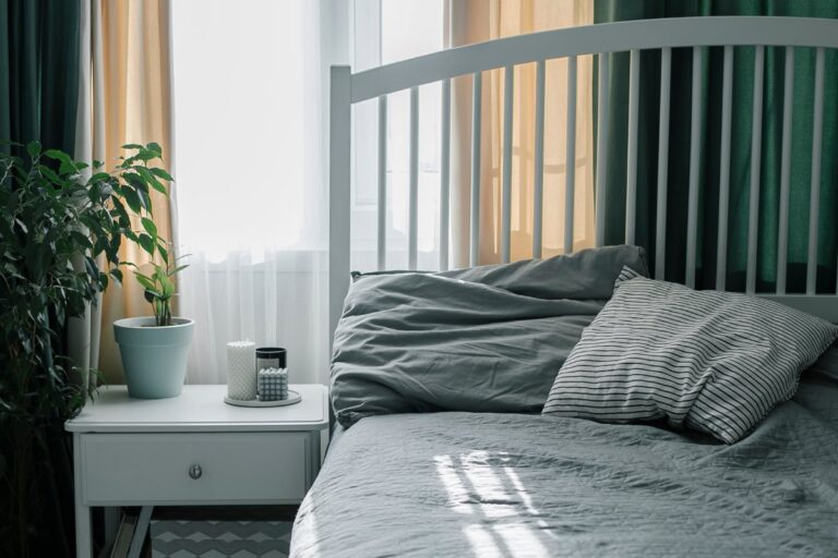 Une chambre à coucher avec une plante verte et une fenêtre