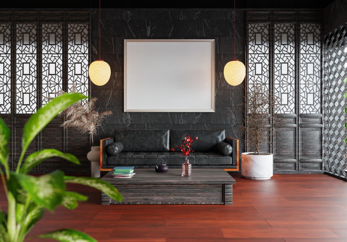 Design intérieur avec un cadre clair et une table basse sombre